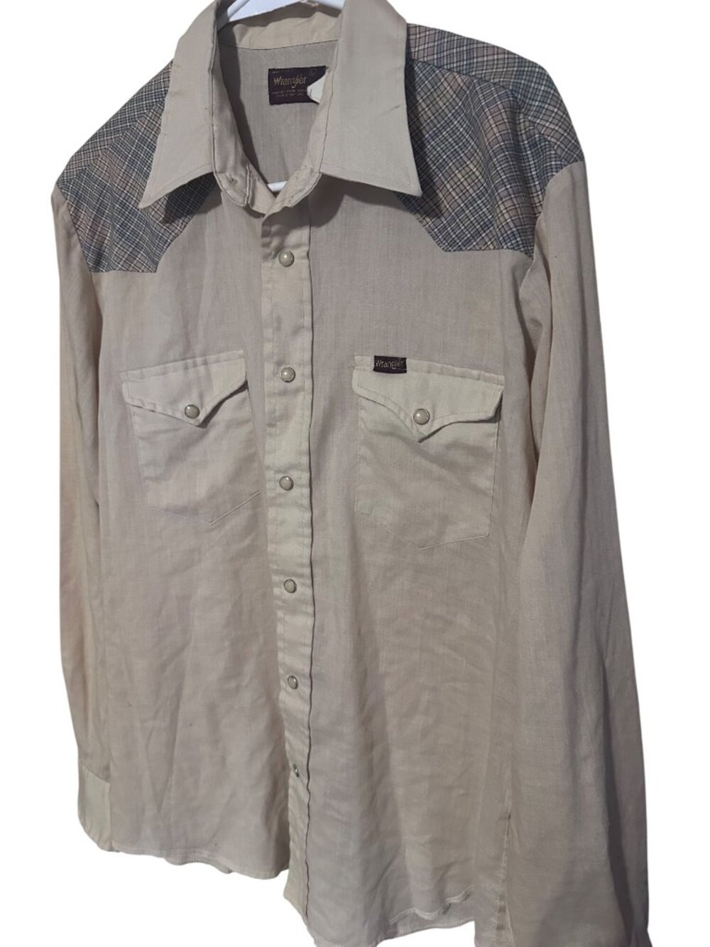 Vintage Wrangler tan and blue snap front shirt size L